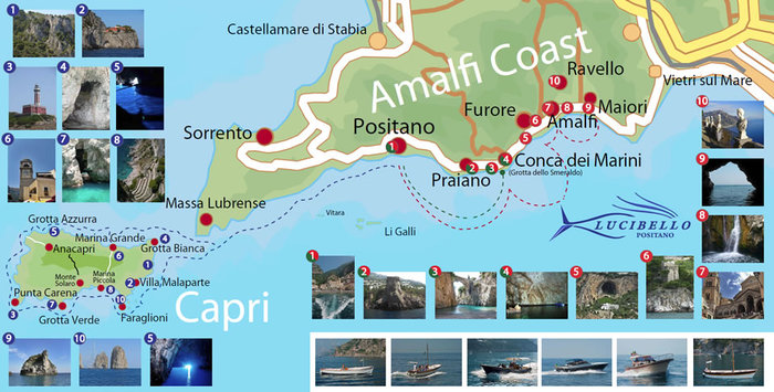 Карта Амальфитанского побережья, что посмотреть в окрестностях Амальфи